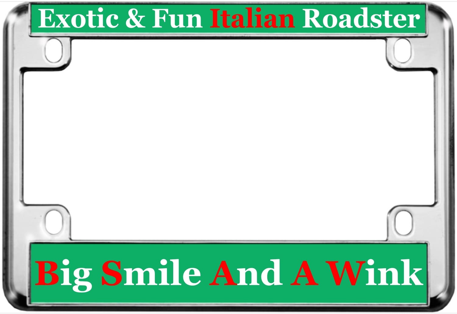 Motorcycle Metal License Plate Frame with Exotic & Fun Italian Roadster Design - Chrome